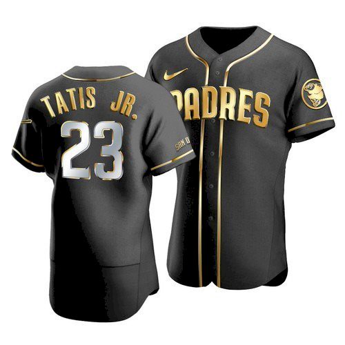 Men's San Diego Padres #23 Fernando Tatis Jr. 2021 Black Golden Edition Flex Base Stitched Baseball Jersey